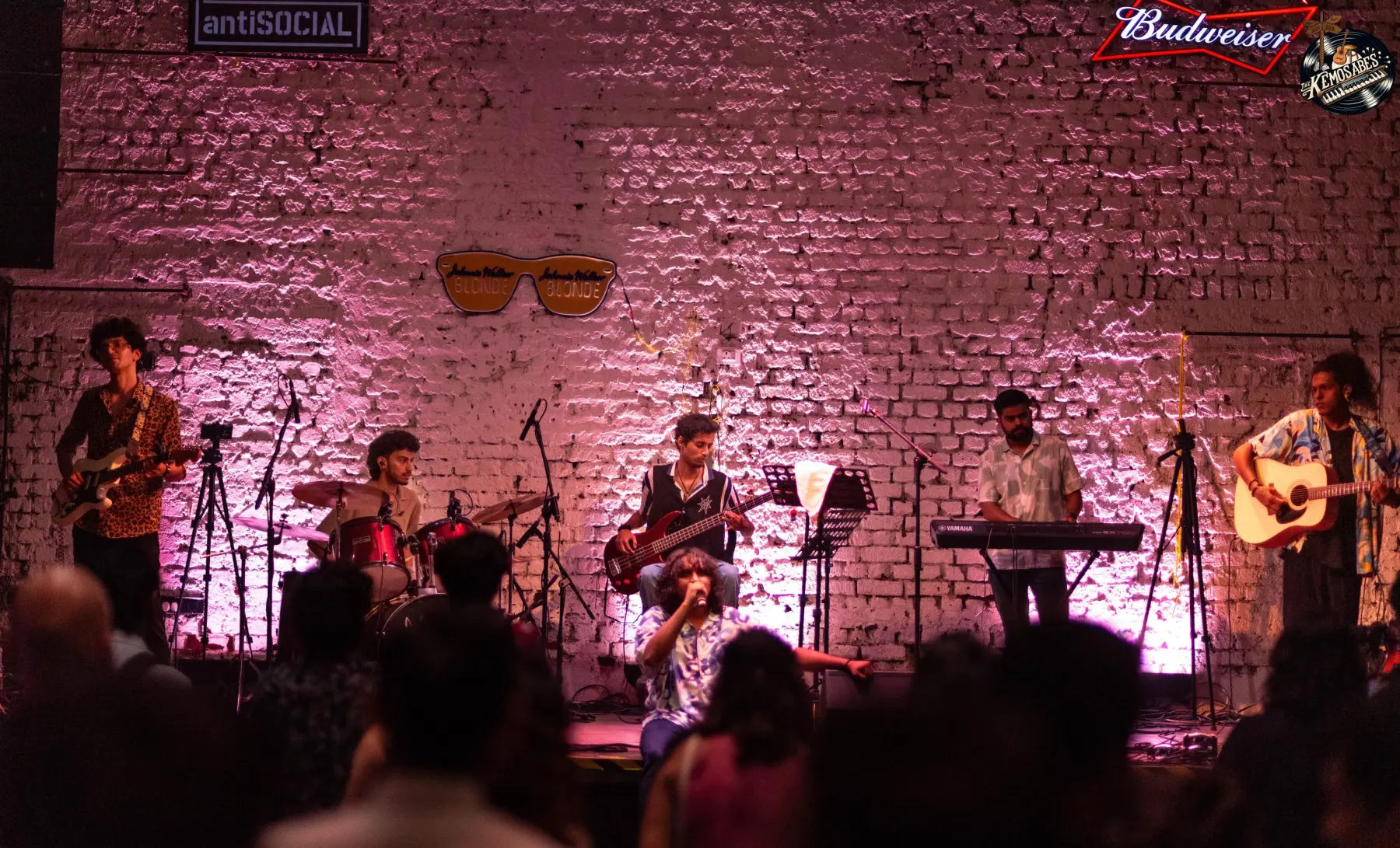 The Kemosabes on stage at antiSOCIAL: lead guitarist, drummer, bassist, vocalist, keyboardist and acoustic guitarist